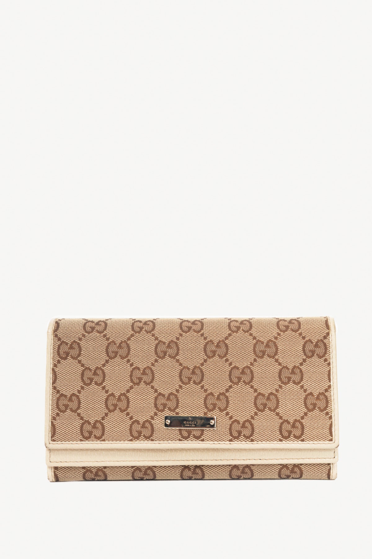 Gucci Beige & Ebony GG Canvas Cream-Trim Flap Wallet