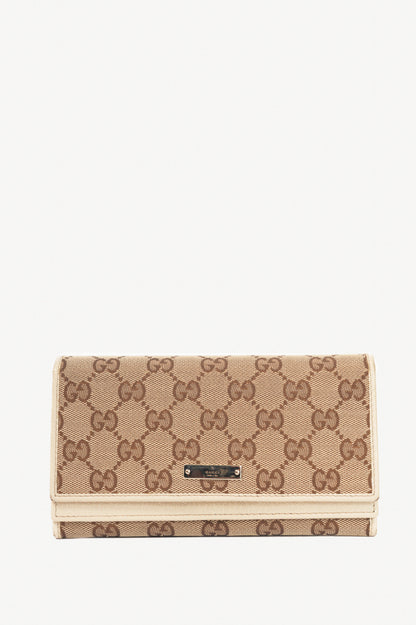 Gucci Beige & Ebony GG Canvas Cream-Trim Flap Wallet