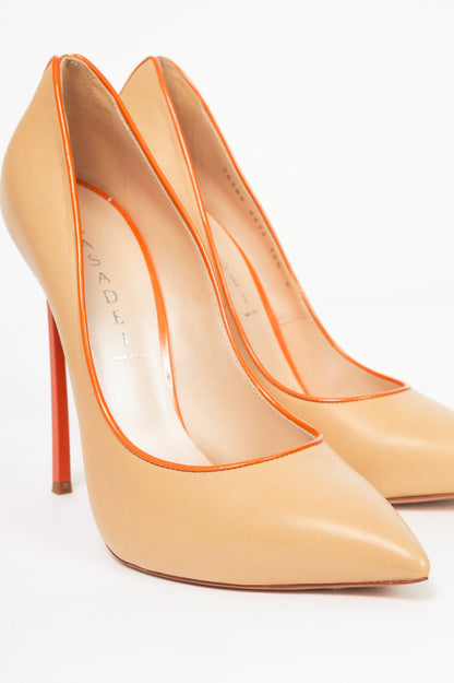 Casadei Blade Beige Leather Orange-Trim Pointed-Toe Pumps