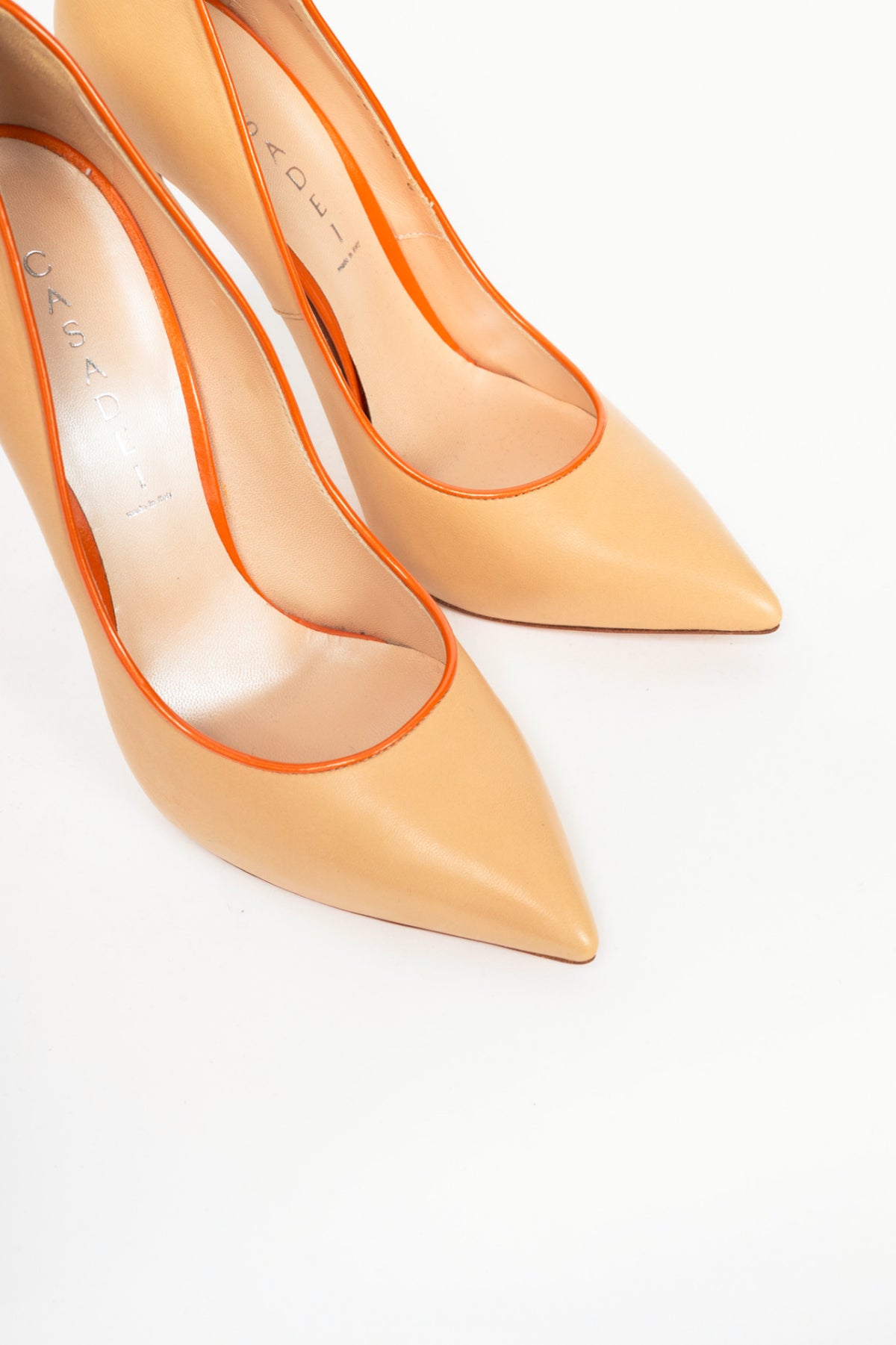 Casadei Blade Beige Leather Orange-Trim Pointed-Toe Pumps