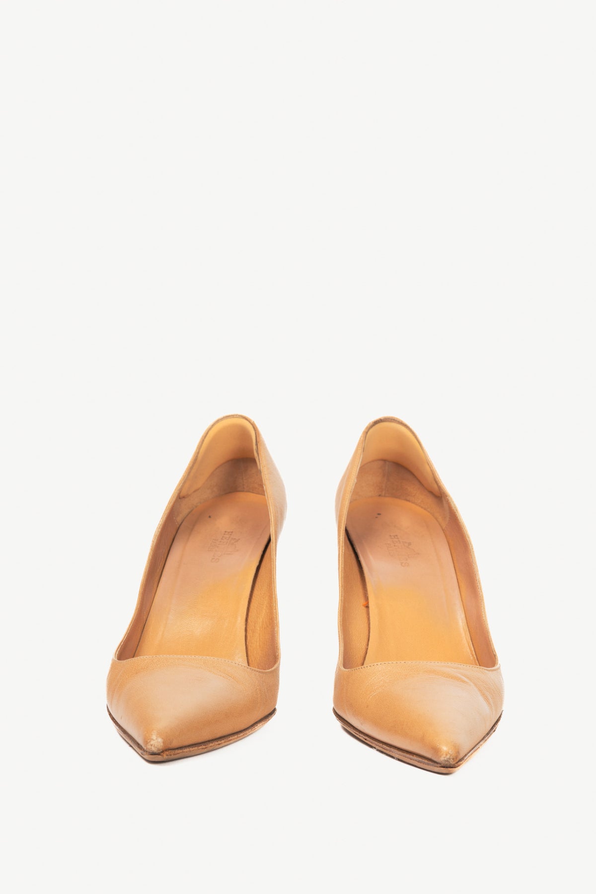 Hermes Tan Leather Pointed-Toe Stacked-Heel Pumps