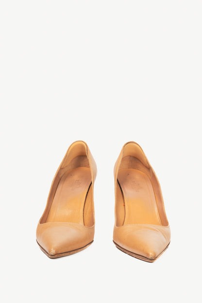 Hermes Tan Leather Pointed-Toe Stacked-Heel Pumps