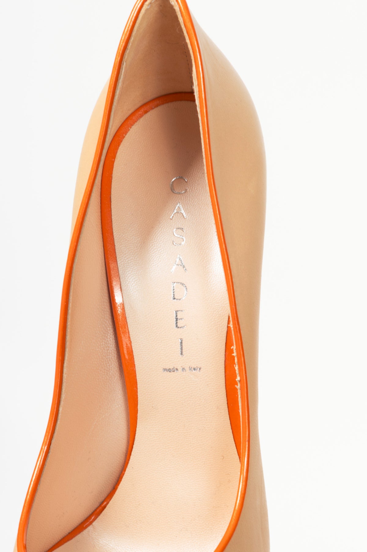 Casadei Blade Beige Leather Orange-Trim Pointed-Toe Pumps