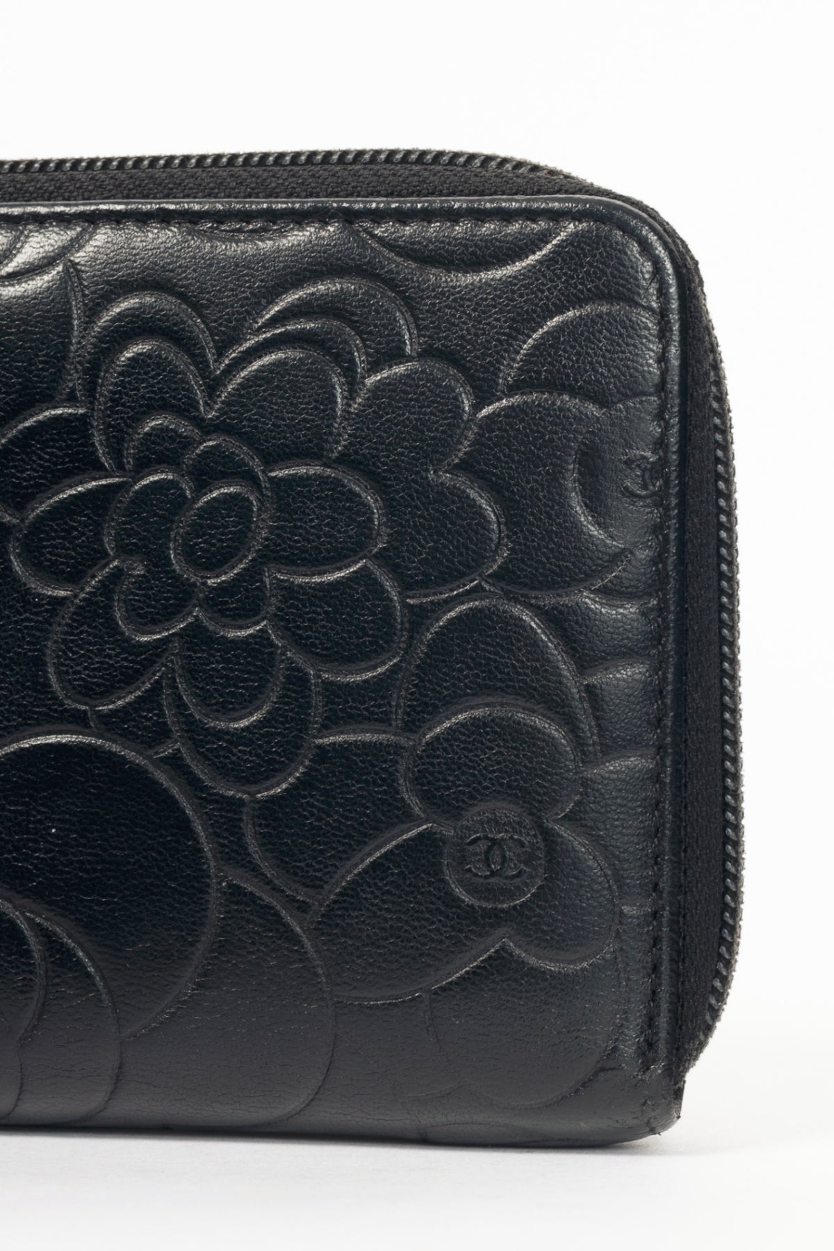 Chanel Black Camellia-Embossed Lambskin Zip Wallet