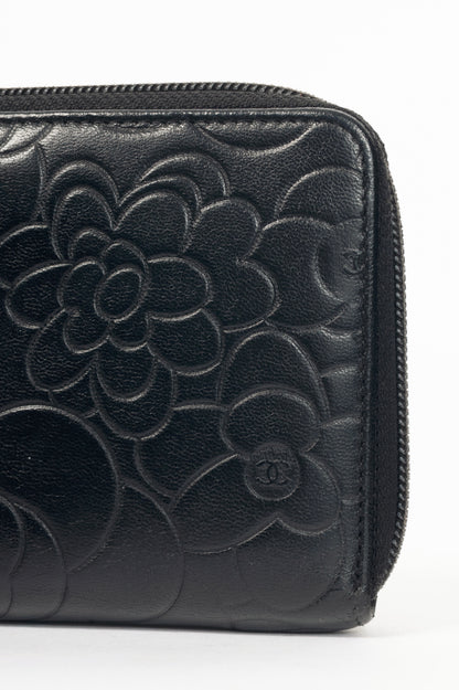 Chanel Black Camellia-Embossed Lambskin Zip Wallet