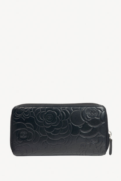 Chanel Black Camellia-Embossed Lambskin Zip Wallet