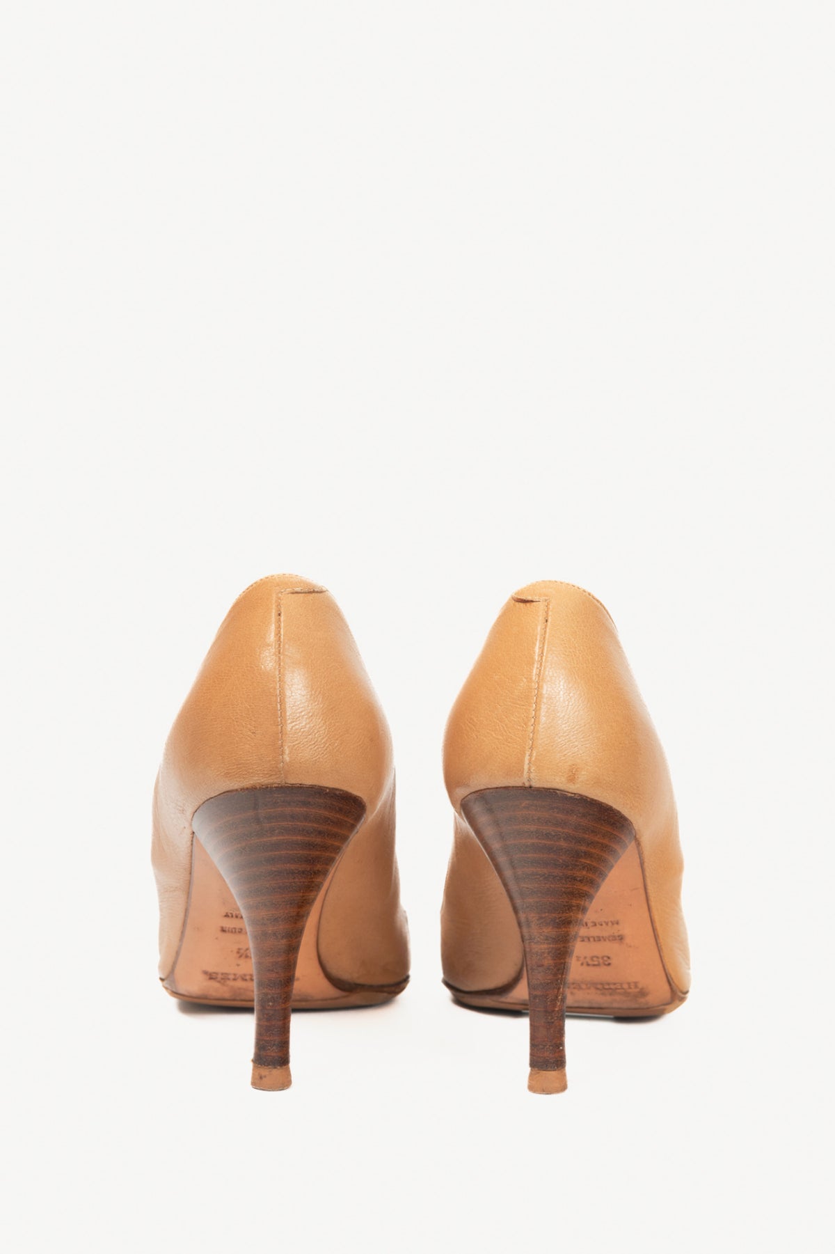 Hermes Tan Leather Pointed-Toe Stacked-Heel Pumps