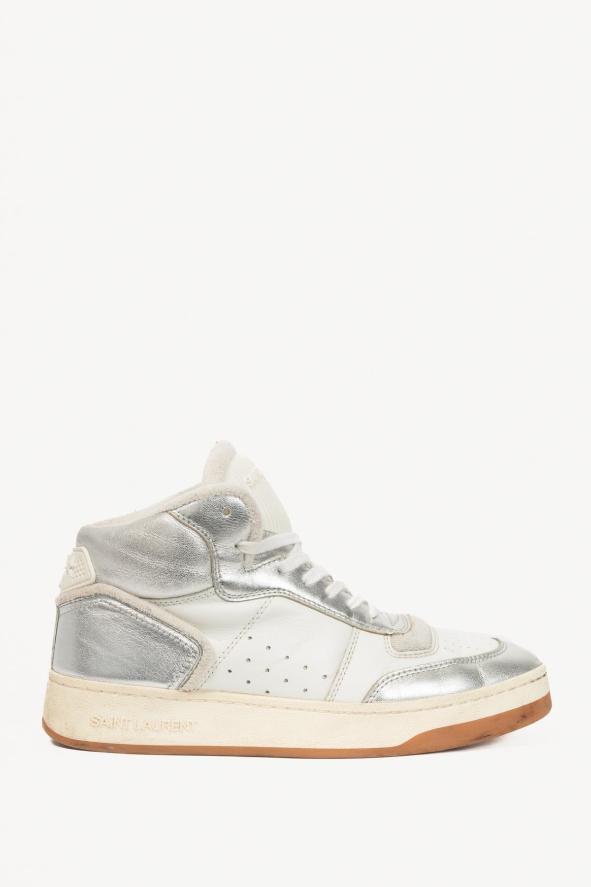 Saint Laurent SL/80 White & Silver High-Top Lace-Up Sneakers
