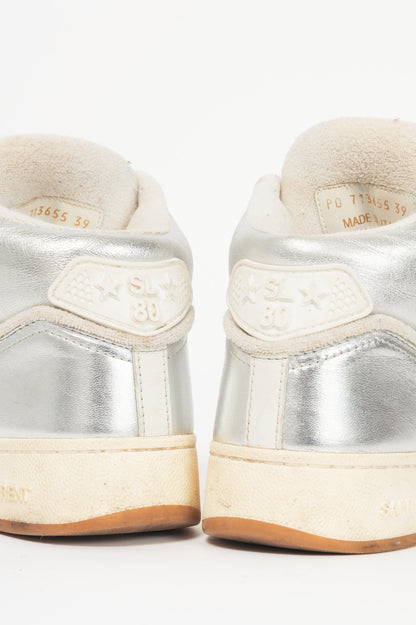Saint Laurent SL/80 White & Silver High-Top Lace-Up Sneakers