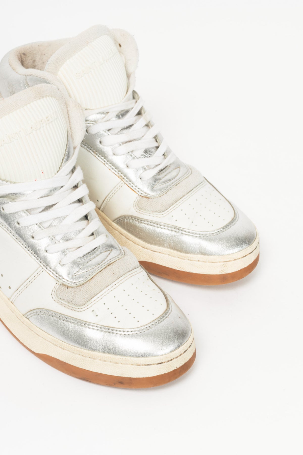 Saint Laurent SL/80 White & Silver High-Top Lace-Up Sneakers