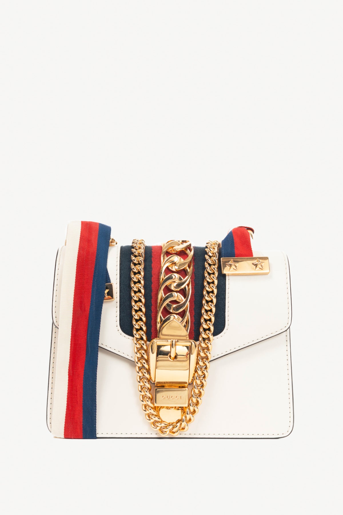 Gucci Sylvie Mini Chain White Leather Stripe-Web Bag