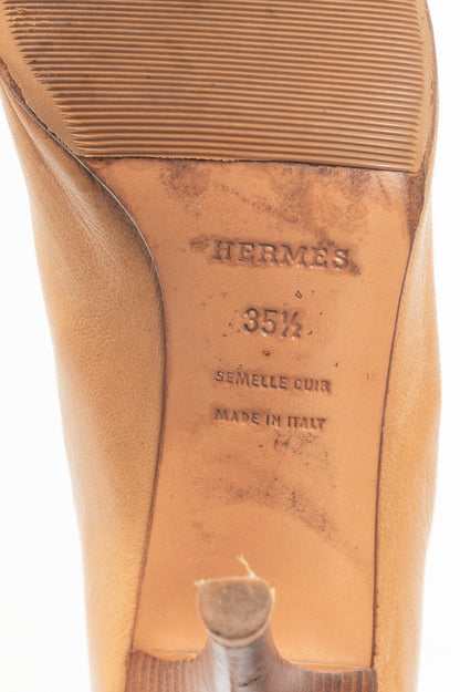 Hermes Tan Leather Pointed-Toe Stacked-Heel Pumps