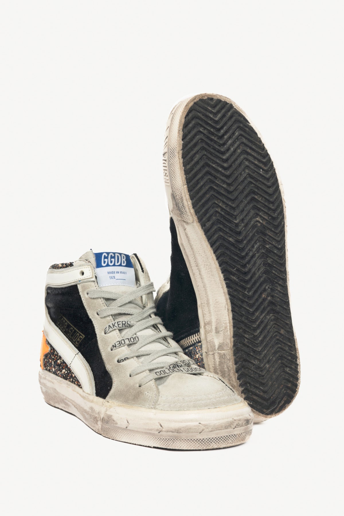 Golden Goose Slide Black, Gold Glitter & Orange Star Suede Sneakers