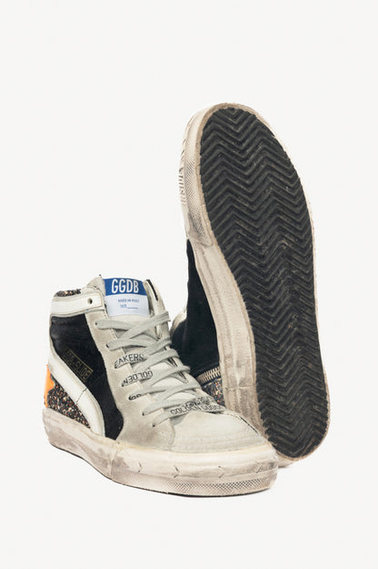 Golden Goose Slide Black, Gold Glitter & Orange Star Suede Sneakers