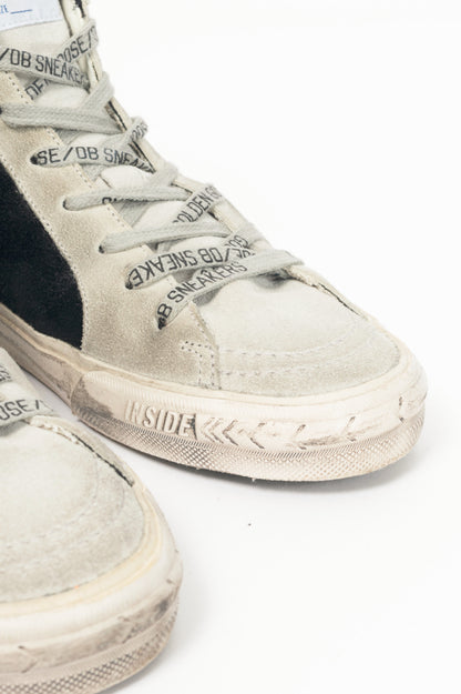 Golden Goose Slide Black, Gold Glitter & Orange Star Suede Sneakers
