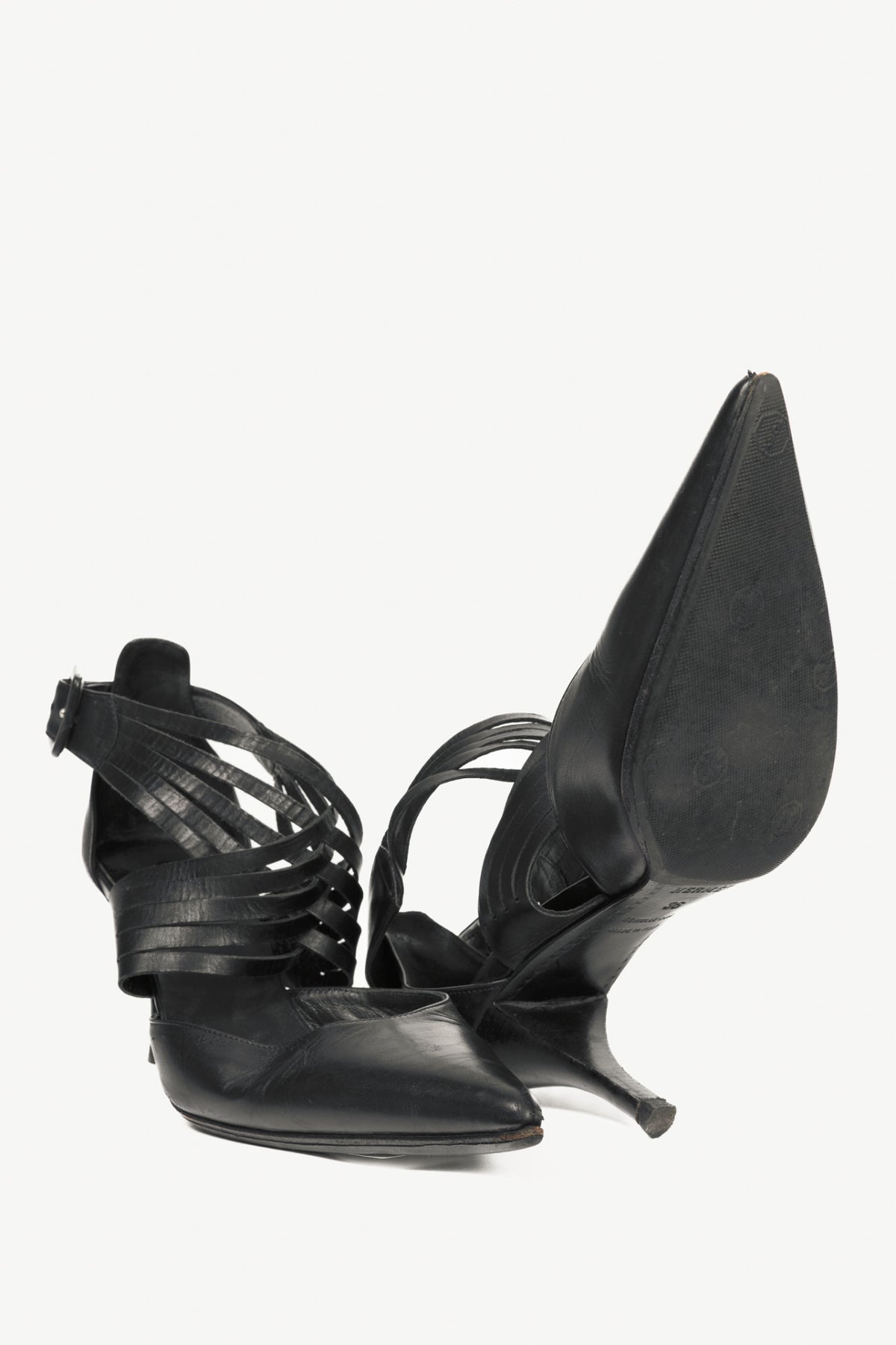 Hermes Black Leather Pointed-Toe Criss-Cross Pumps