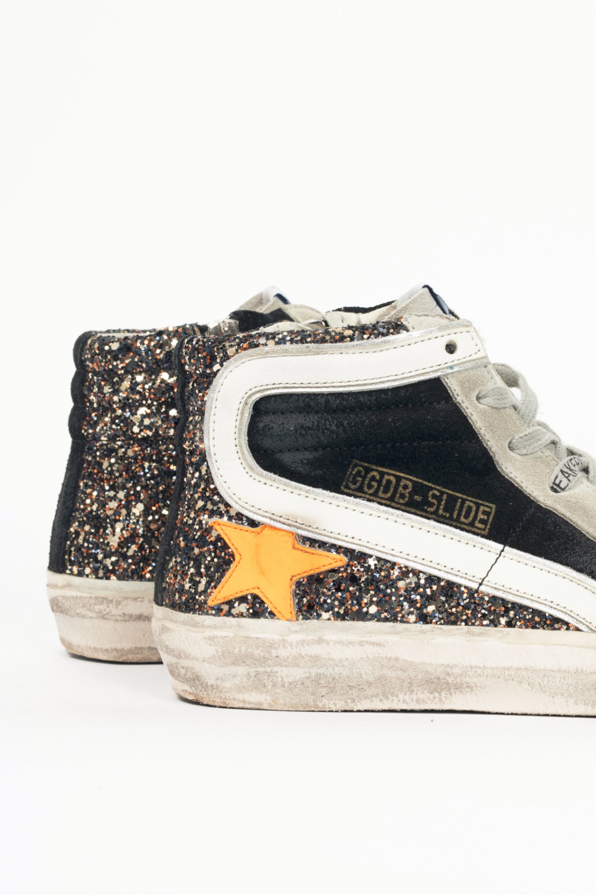 Golden Goose Slide Black, Gold Glitter & Orange Star Suede Sneakers