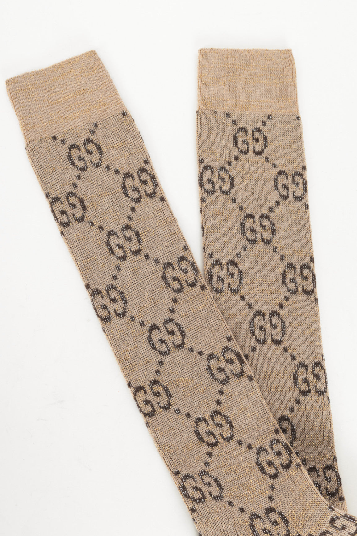 Gucci Beige & Dark Brown Lame GG Monogram Mid-Calf Socks
