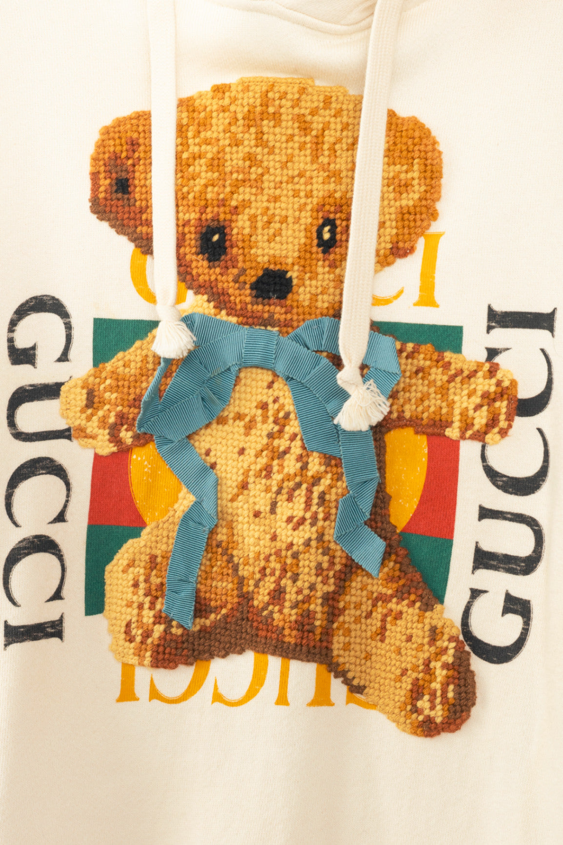 Gucci Ivory Embroidered-Bear Cotton French-Terry Logo Hoodie