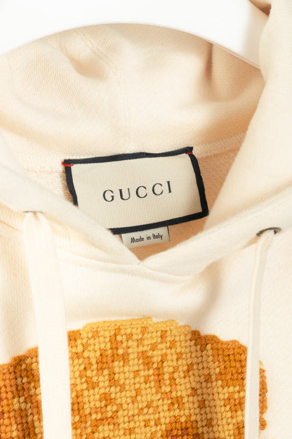 Gucci Ivory Embroidered-Bear Cotton French-Terry Logo Hoodie