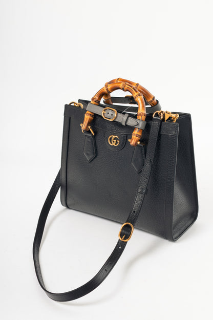 Gucci Diana Medium Black Leather Bamboo Tote
