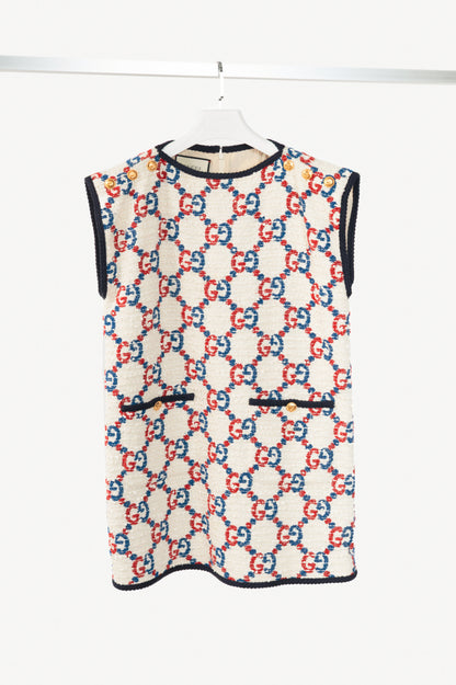 Gucci PF19 Ivory GG Sylvie Tweed Cotton Mini Shift Dress