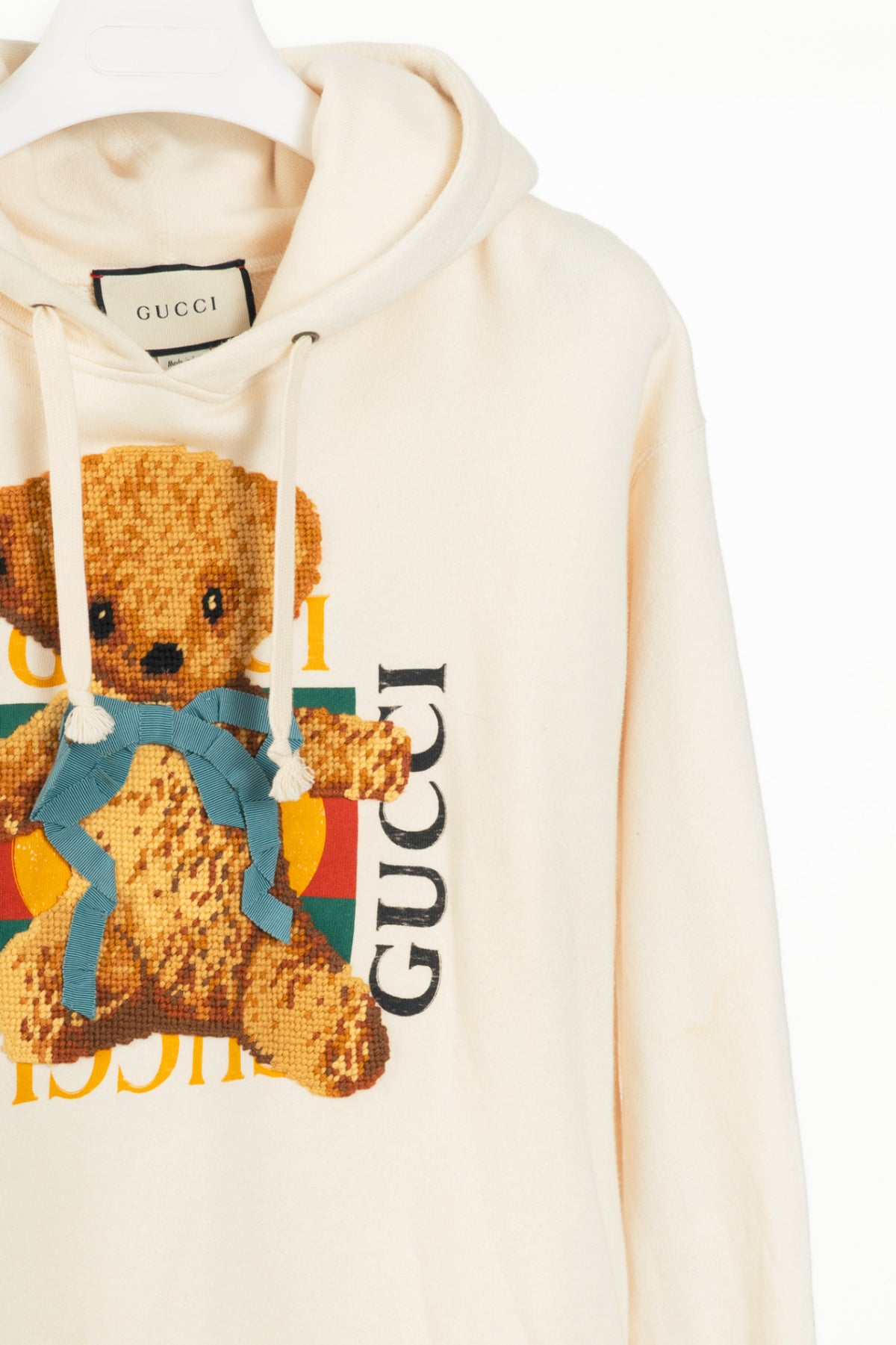 Gucci Ivory Embroidered-Bear Cotton French-Terry Logo Hoodie