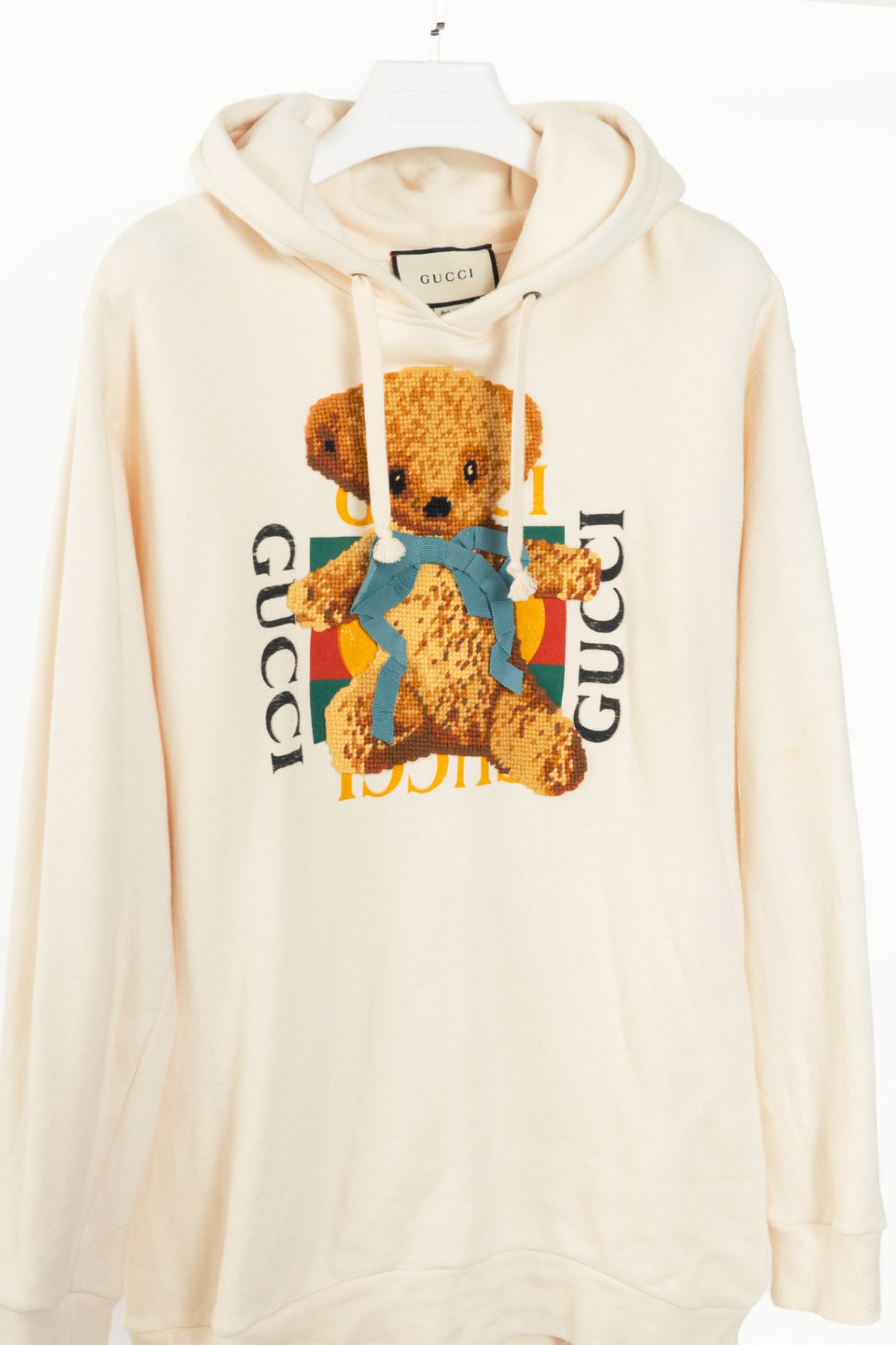 Gucci Ivory Embroidered-Bear Cotton French-Terry Logo Hoodie