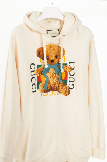 Gucci Ivory Embroidered-Bear Cotton French-Terry Logo Hoodie
