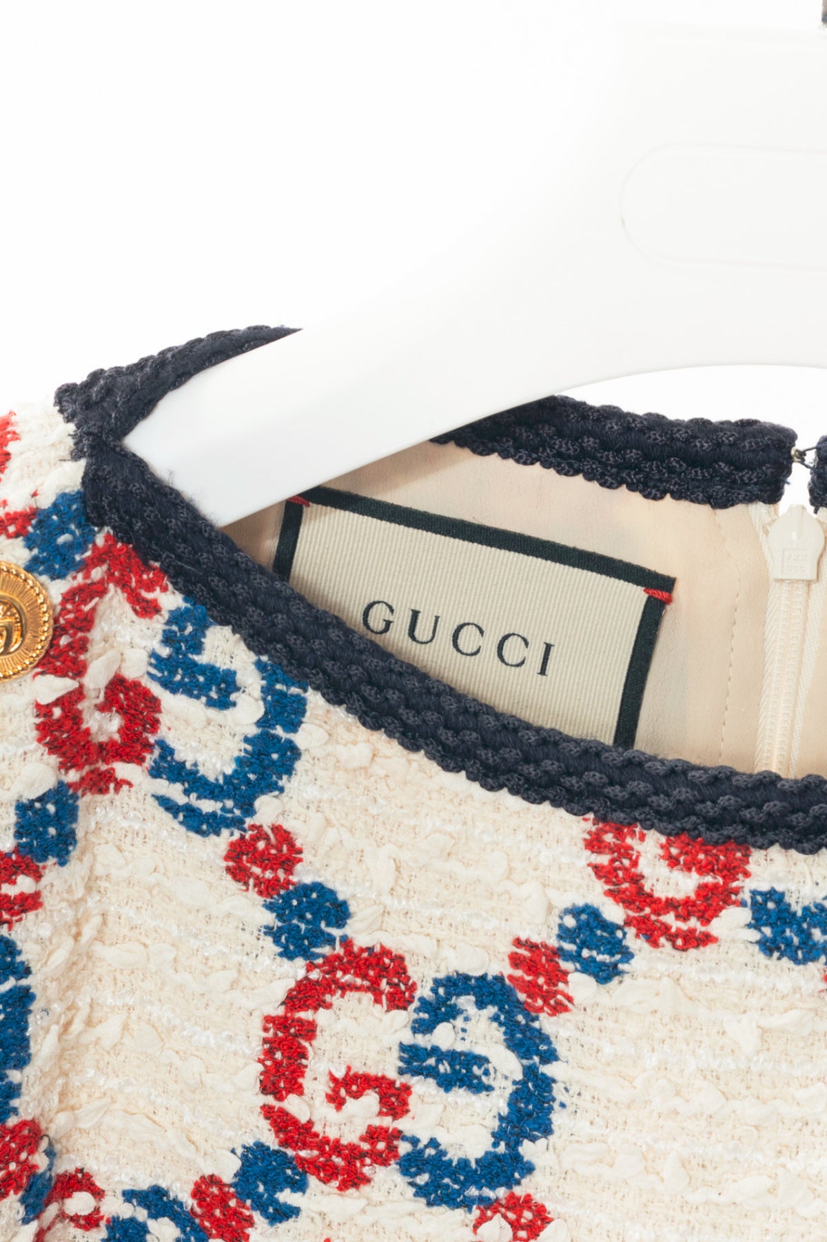 Gucci PF19 Ivory GG Sylvie Tweed Cotton Mini Shift Dress