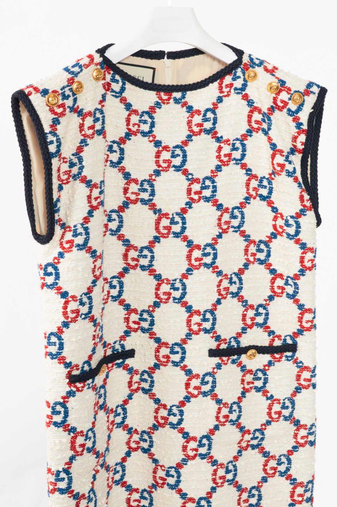 Gucci PF19 Ivory GG Sylvie Tweed Cotton Mini Shift Dress