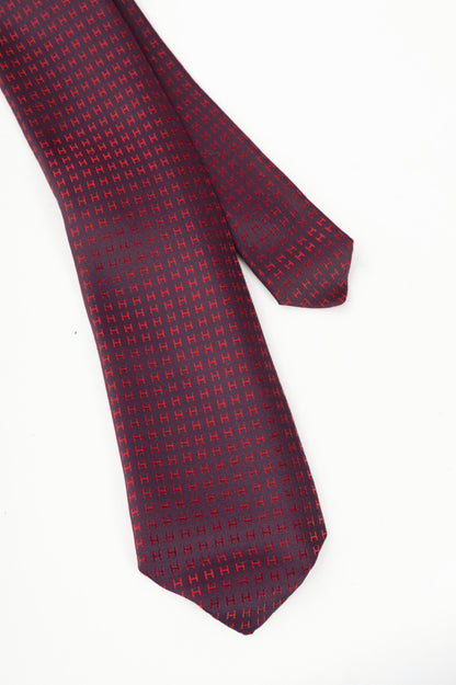 Hermes Faconnee H Aubergine & Rouge Bicolore Silk Necktie