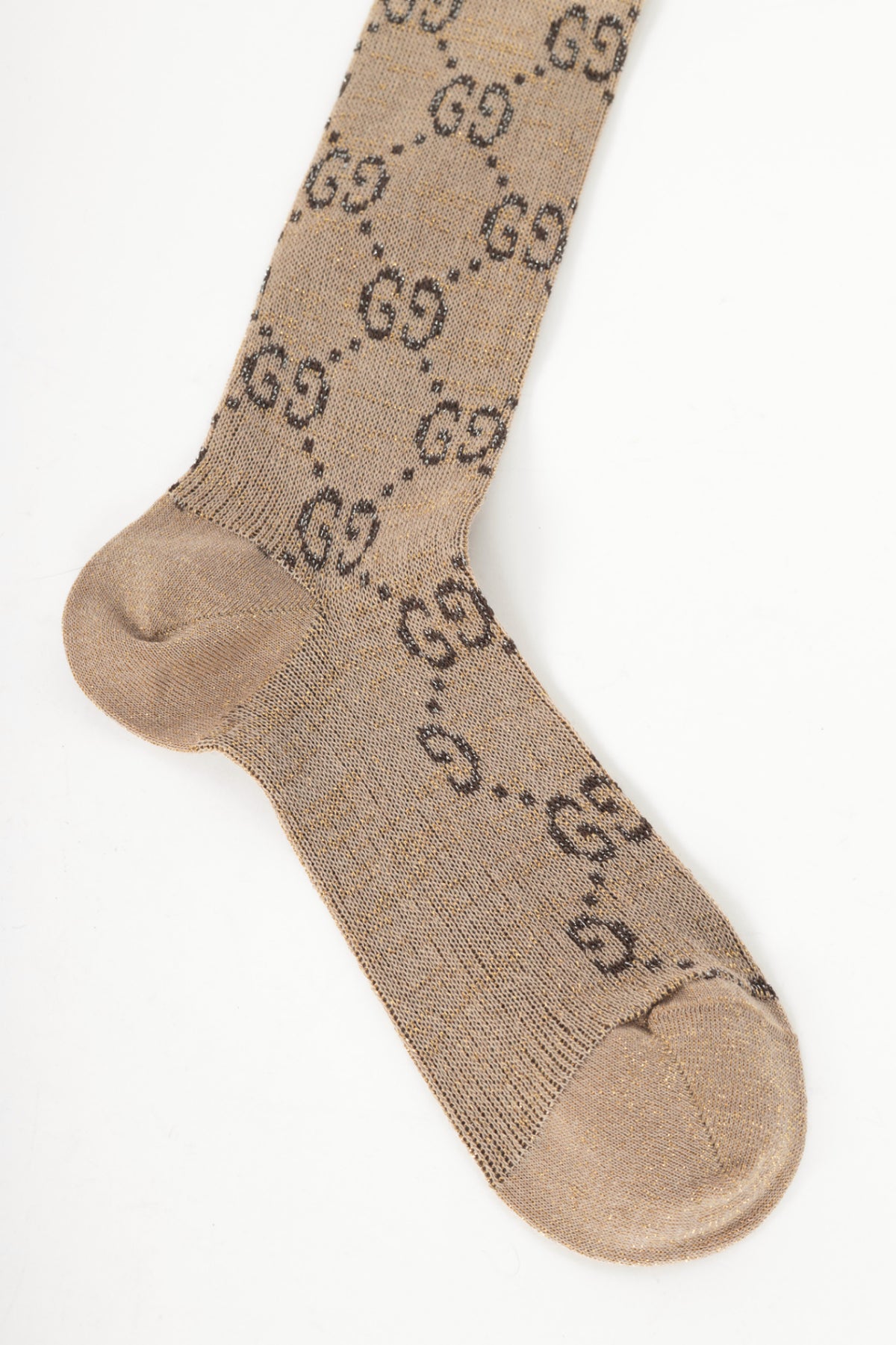 Gucci Beige & Dark Brown Lame GG Monogram Mid-Calf Socks