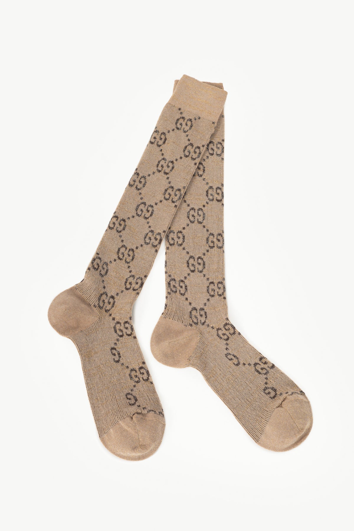 Gucci Beige & Dark Brown Lame GG Monogram Mid-Calf Socks