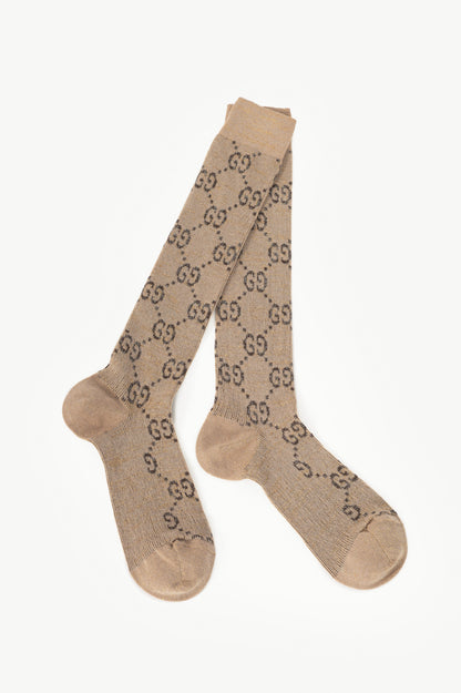 Gucci Beige & Dark Brown Lame GG Monogram Mid-Calf Socks