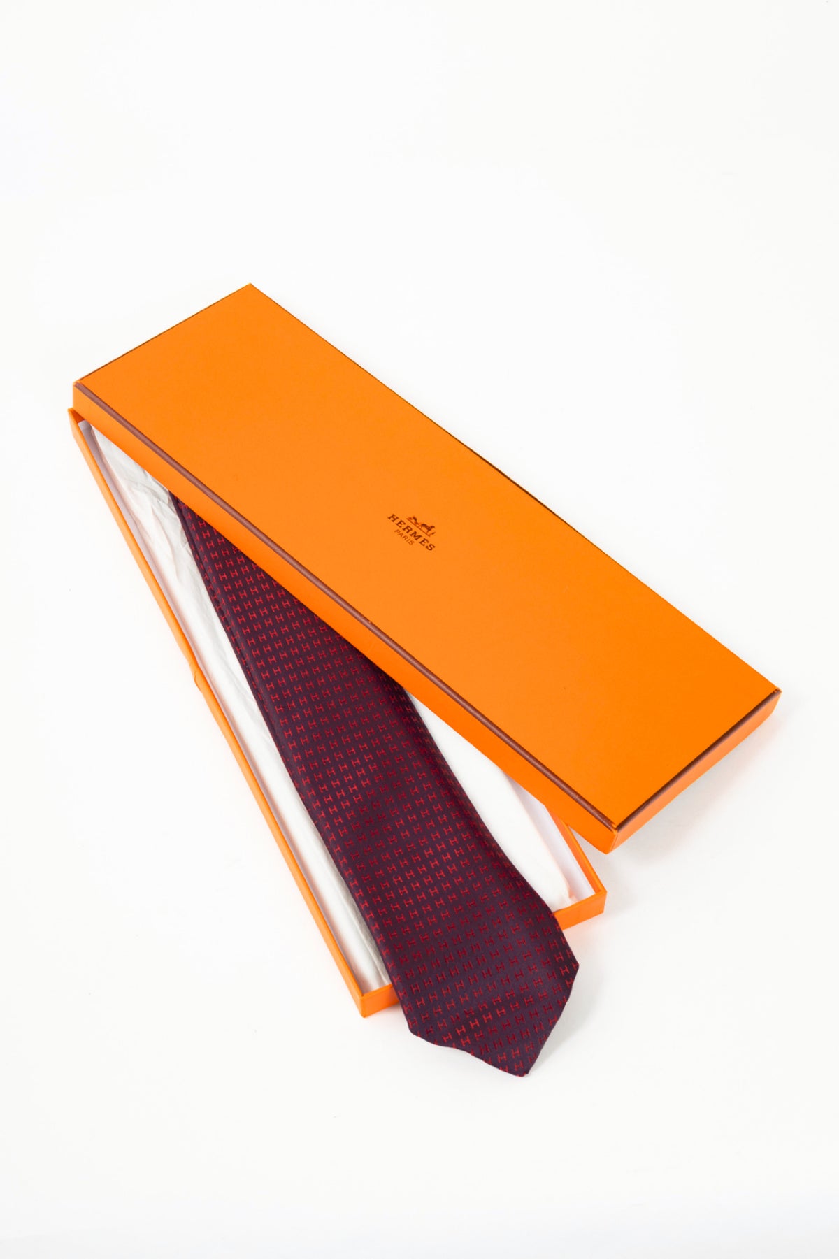Hermes Faconnee H Aubergine & Rouge Bicolore Silk Necktie