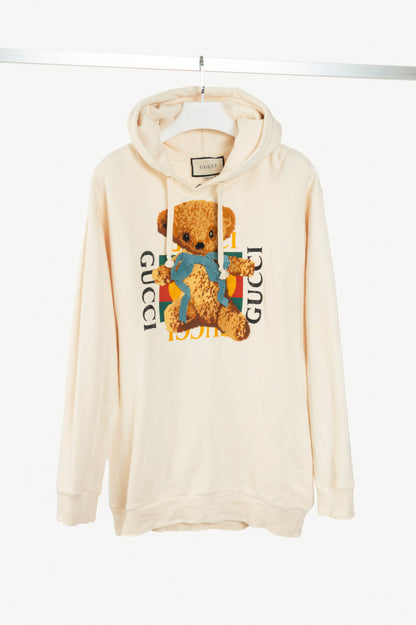 Gucci Ivory Embroidered-Bear Cotton French-Terry Logo Hoodie