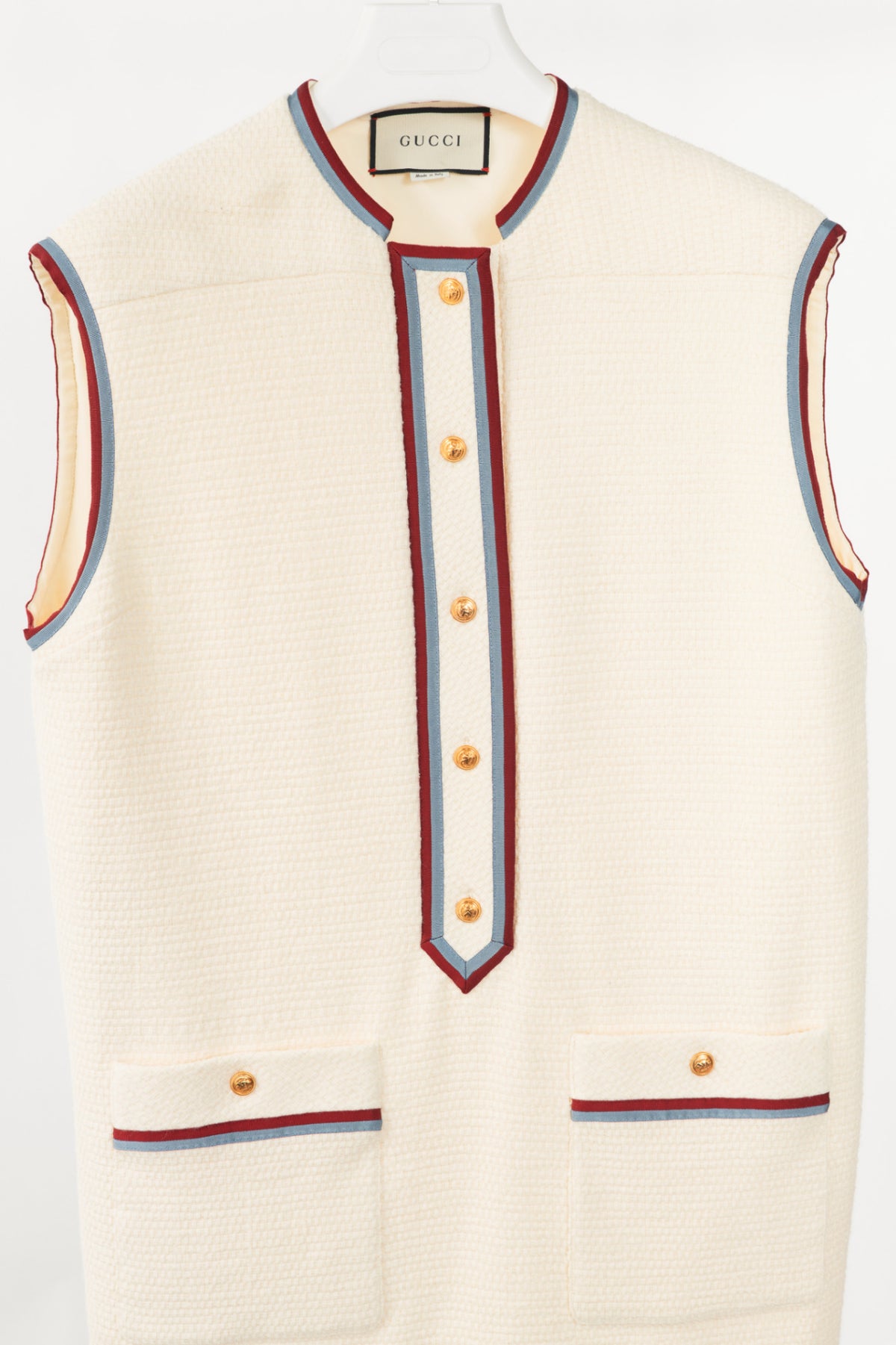 Gucci PF19 Ivory Grosgrain-Trimmed Wool-Blend Tweed Mini Dress
