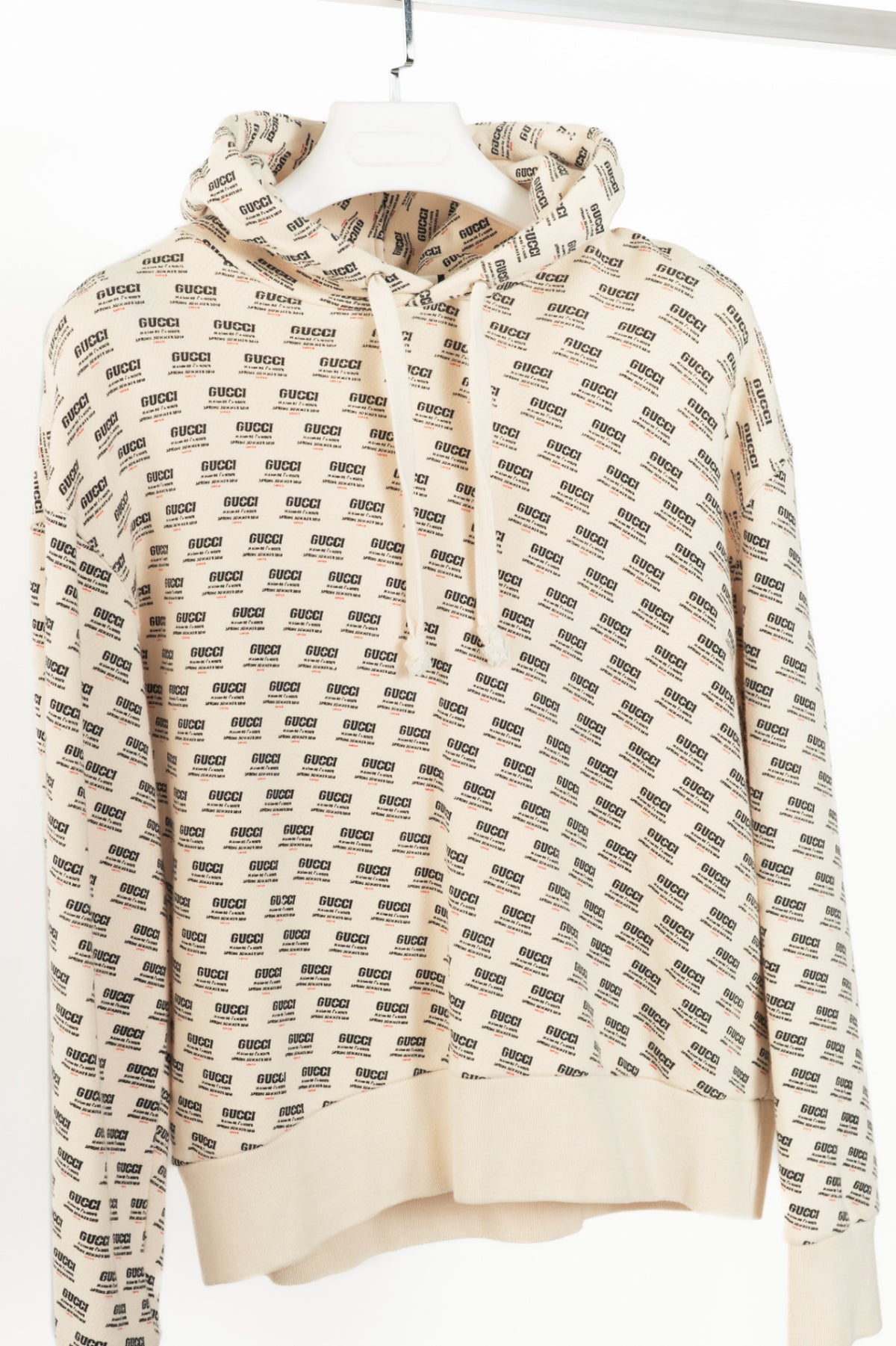 Gucci SS18 White Logo-Stamp Cotton French-Terry Hoodie