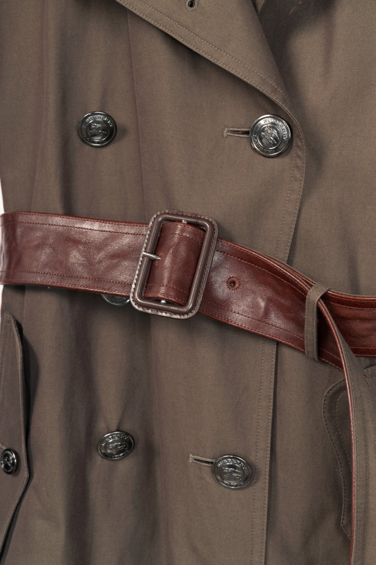 Burberry Olive Cotton Leather-Trim Belted Double-Breasted Trench Coat