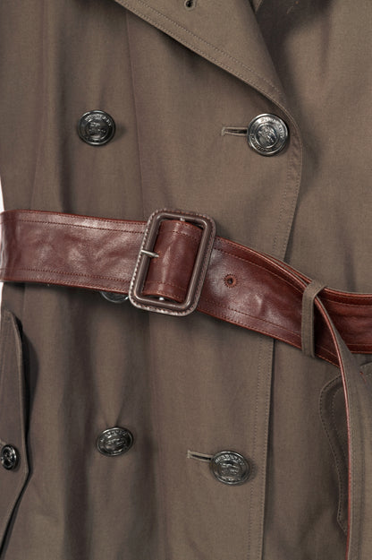 Burberry Olive Cotton Leather-Trim Belted Double-Breasted Trench Coat