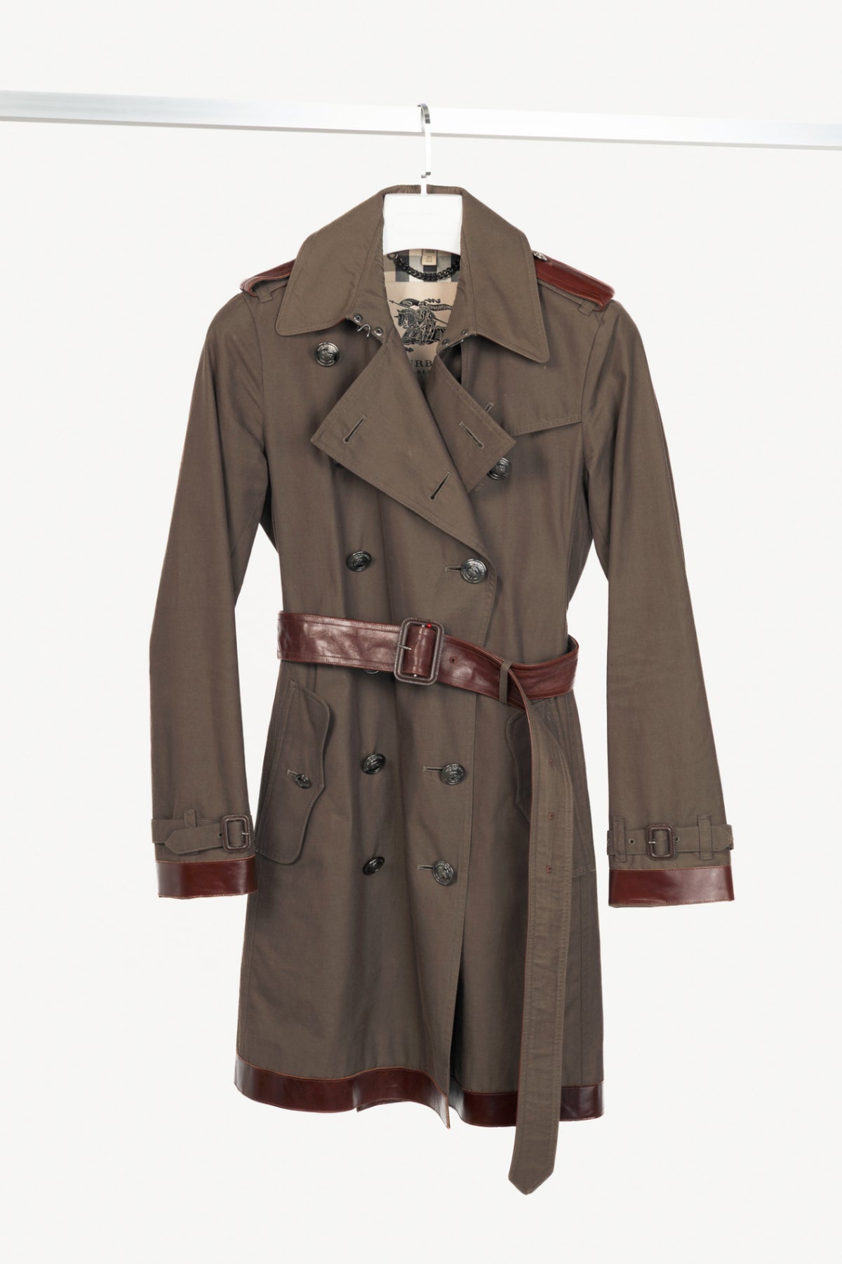 Burberry Olive Cotton Leather-Trim Belted Double-Breasted Trench Coat