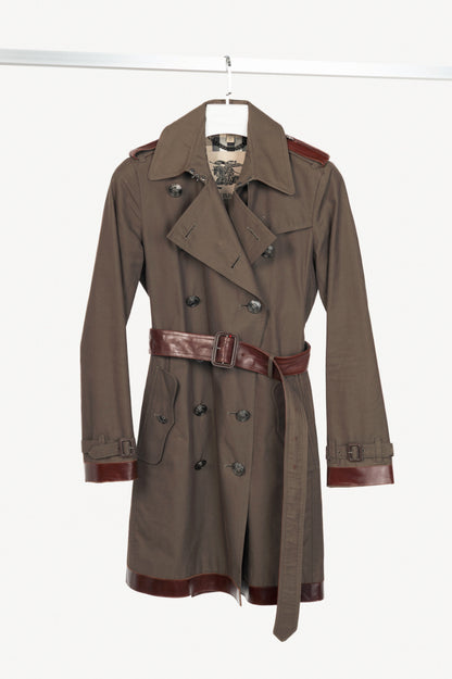 Burberry Olive Cotton Leather-Trim Belted Double-Breasted Trench Coat