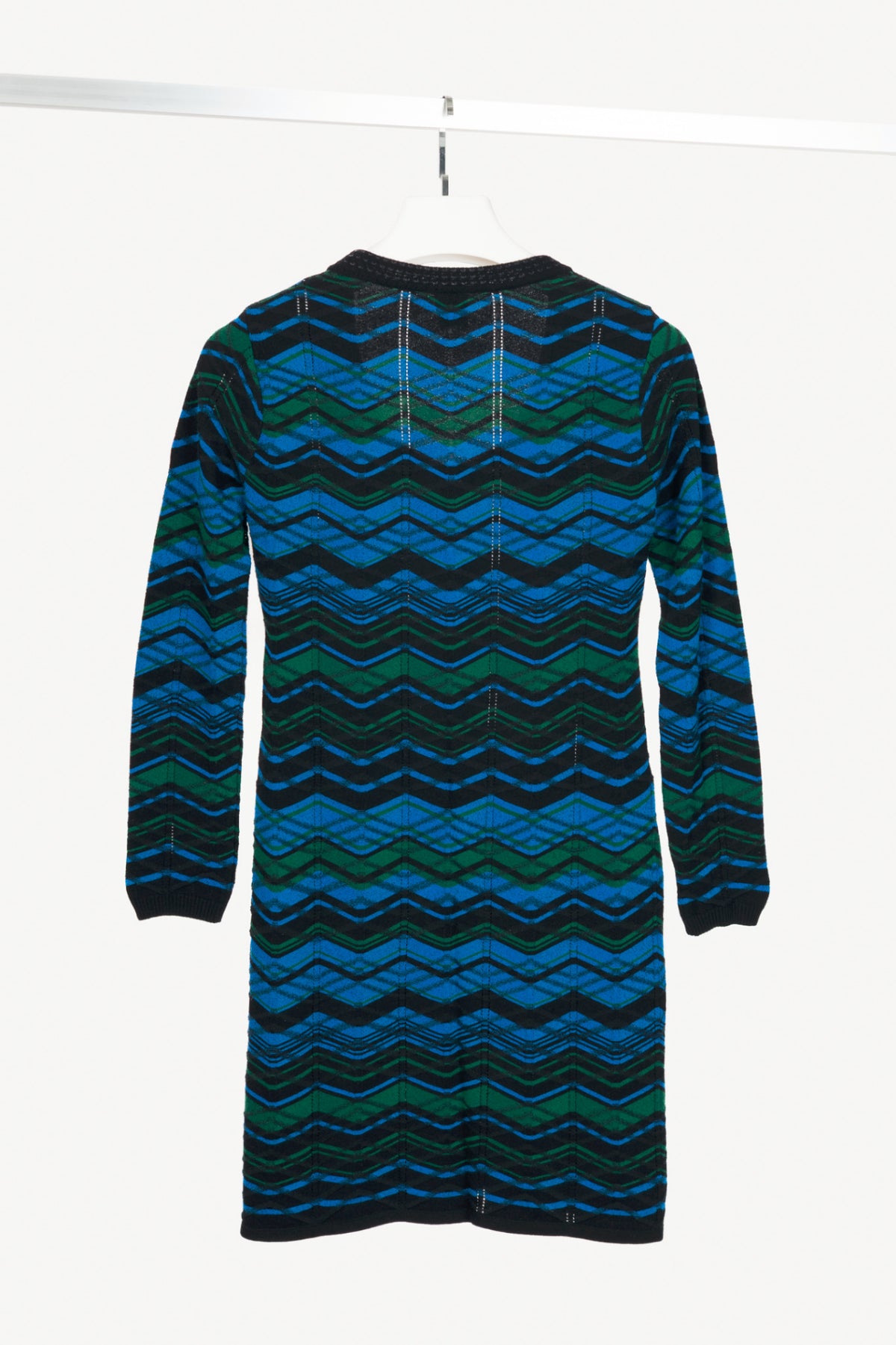 M by Missoni Blue "Bias Plaid" Zig-Zag Knit Long-Sleeve Dress