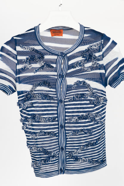 Missoni Blue & White Striped Fringe Short-Sleeve Cardigan
