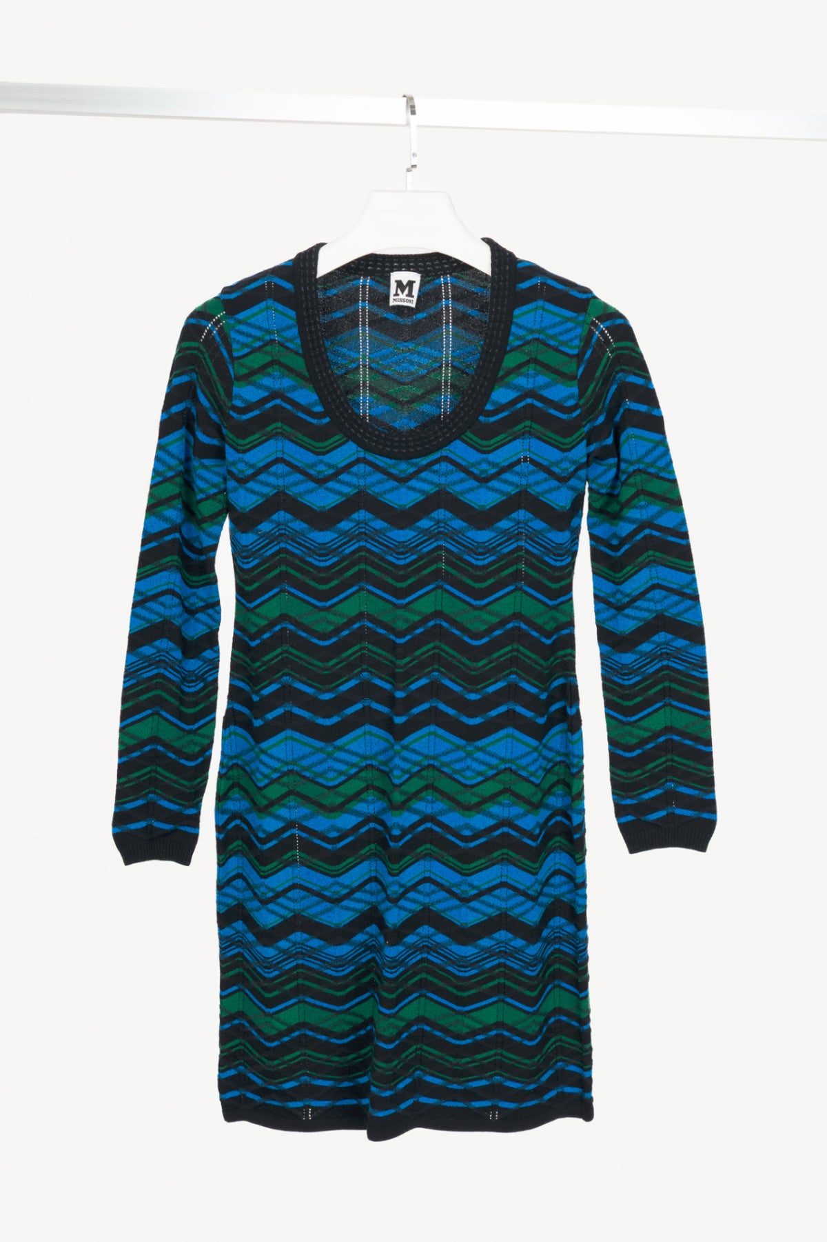 M by Missoni Blue "Bias Plaid" Zig-Zag Knit Long-Sleeve Dress