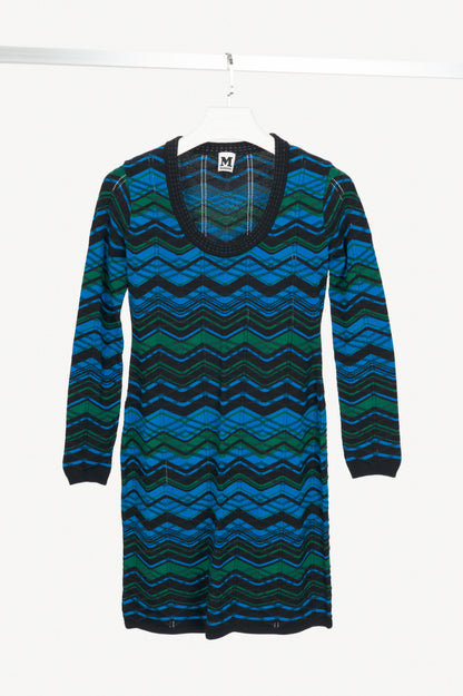 M by Missoni Blue "Bias Plaid" Zig-Zag Knit Long-Sleeve Dress