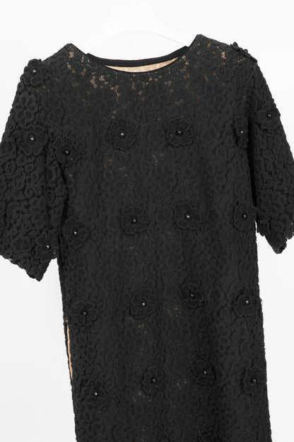 Chloe AW12 Black Macrame-Lace Floral-Applique Mini Dress