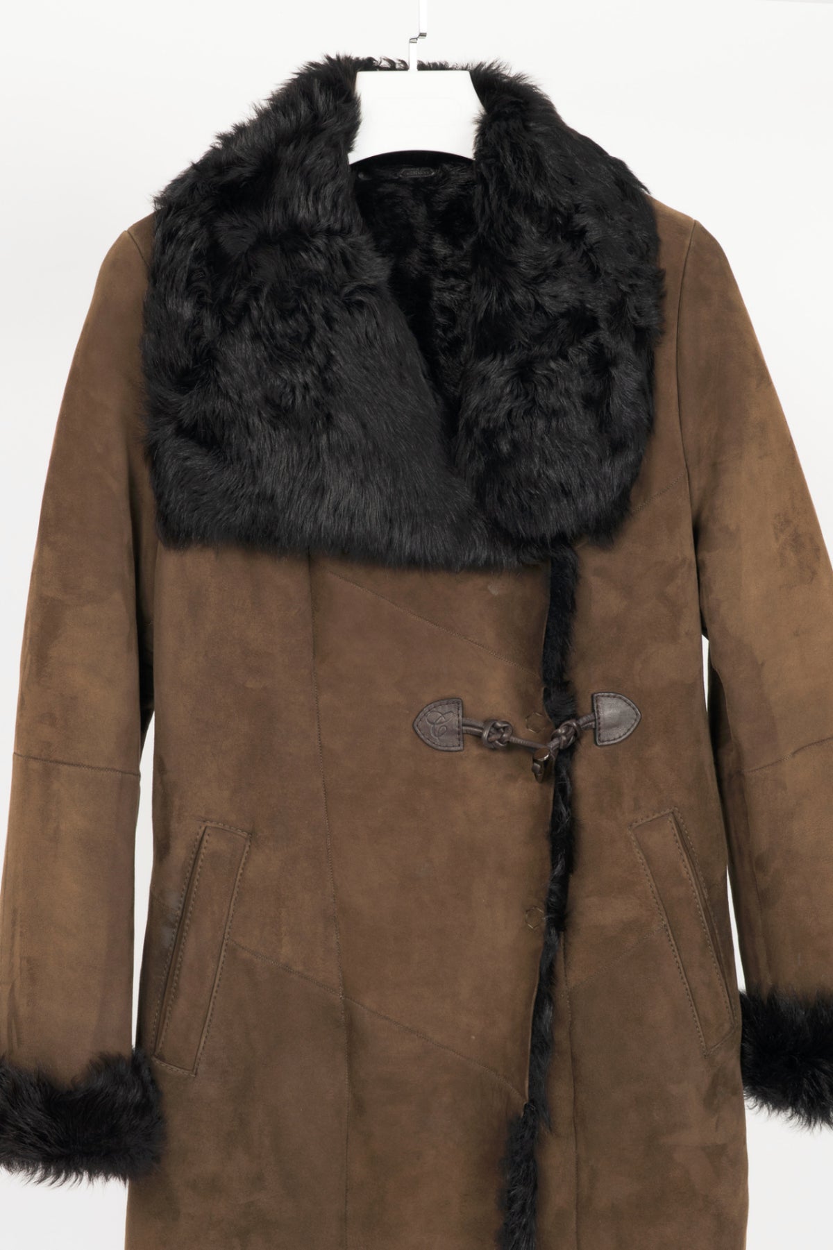 Christ Ashley Brown Shearling Toggle Wide-Collar Coat