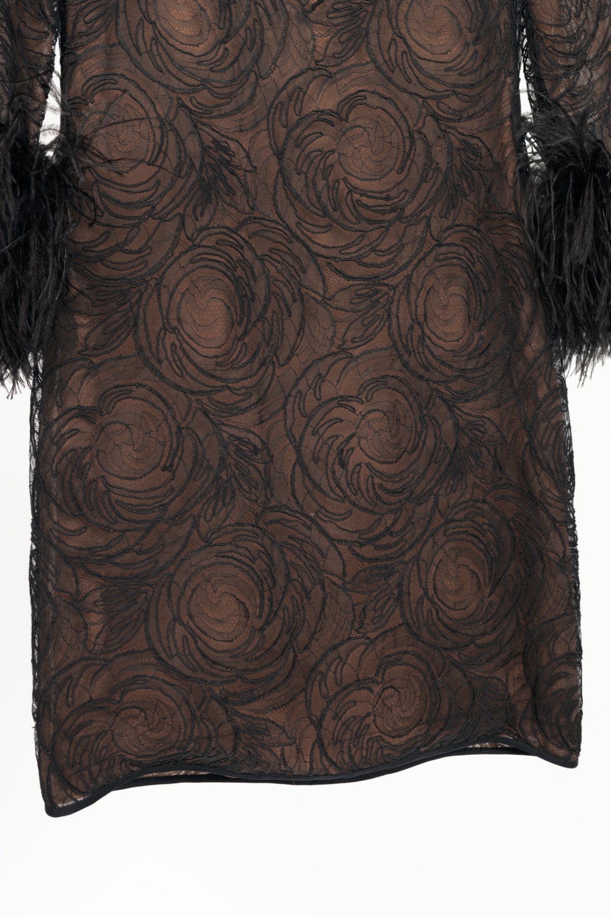 Oscar de la Renta Black Lace Feather-Cuff Mini Dress